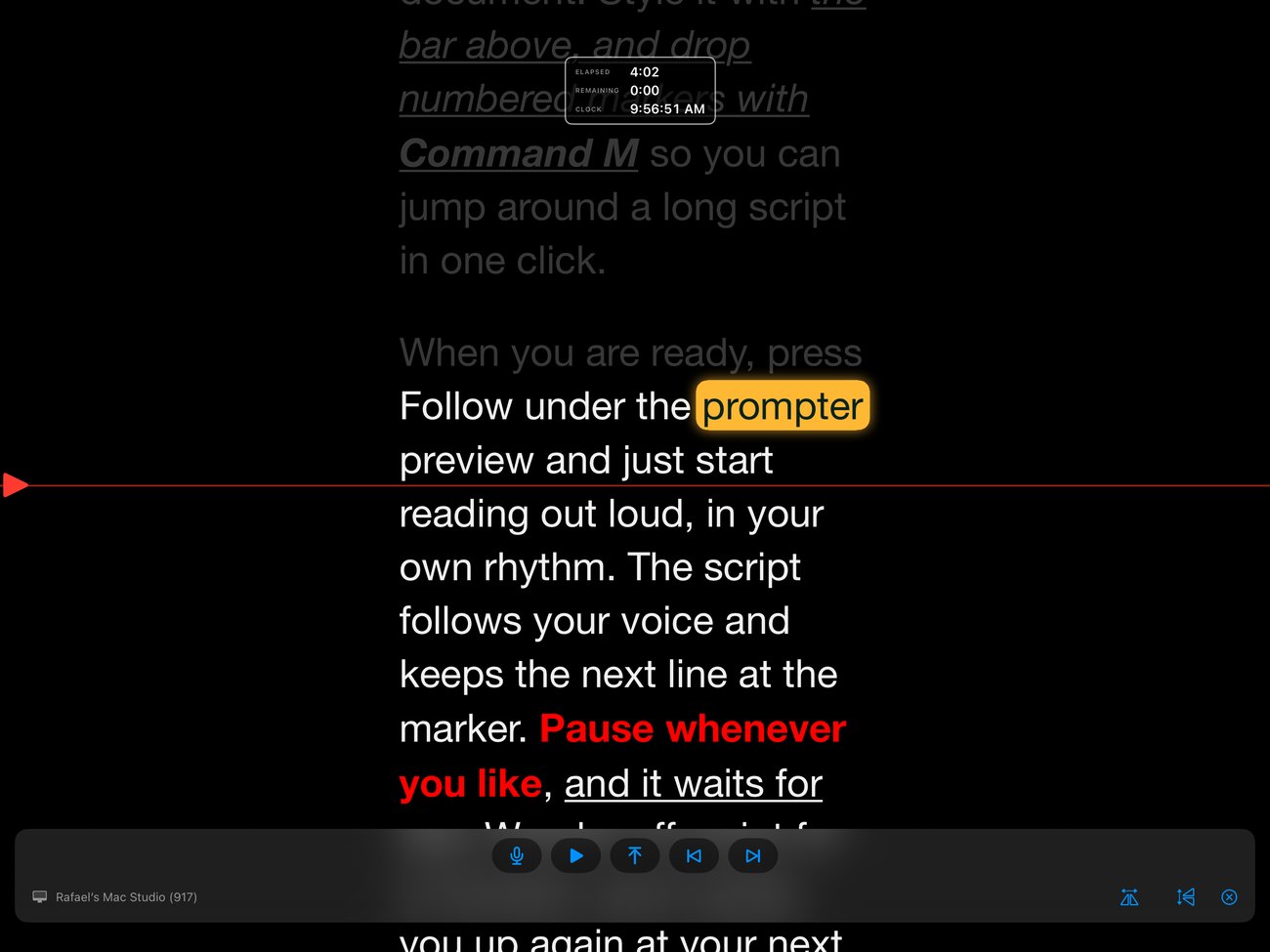 PowerCue Companion on an iPad, with the spoken word highlighted